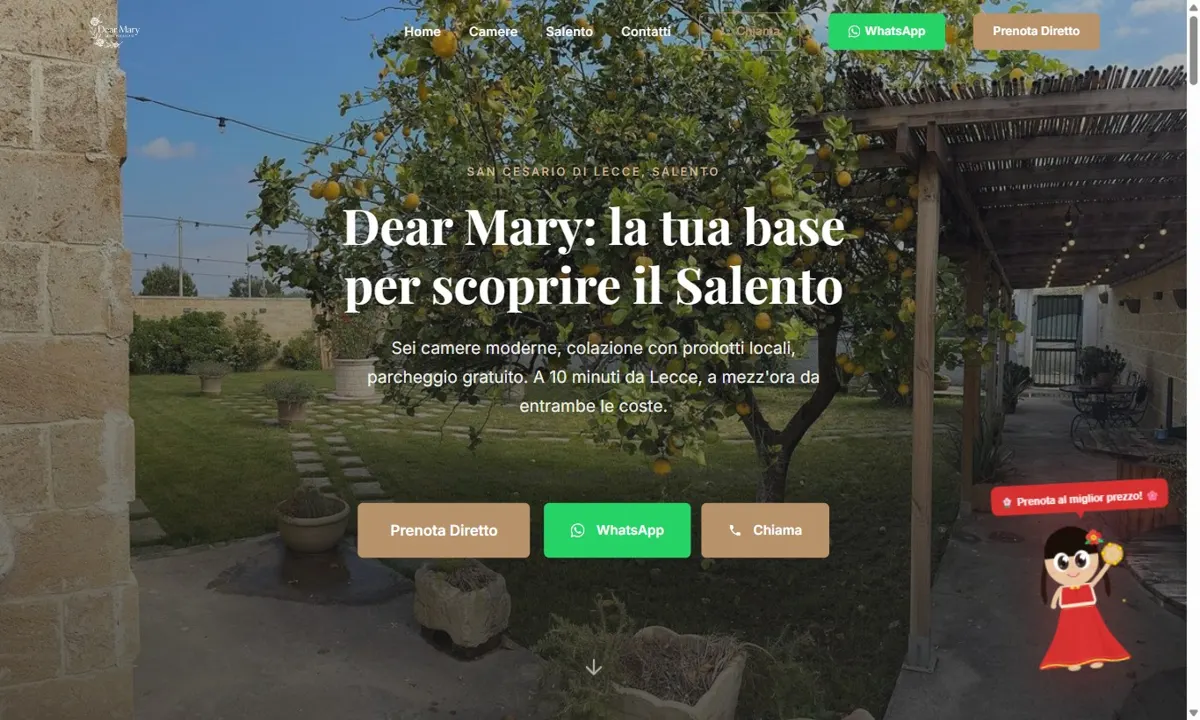 Home page del sito di Dear Mary B&B con i pulsanti Prenota diretto e WhatsApp