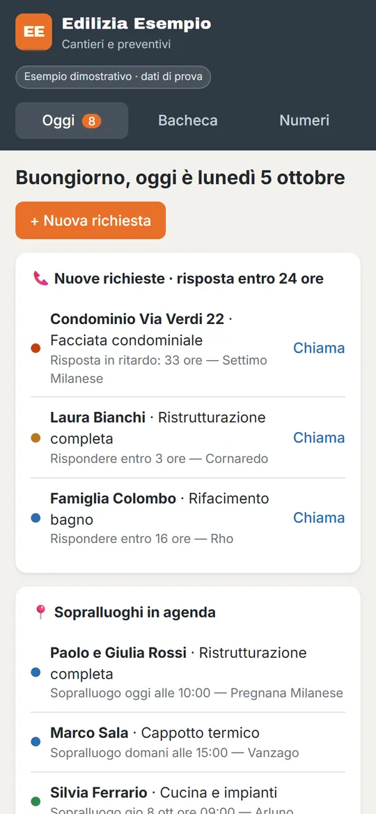 CRM Cantieri sul telefono: richieste da richiamare e sopralluoghi del giorno
